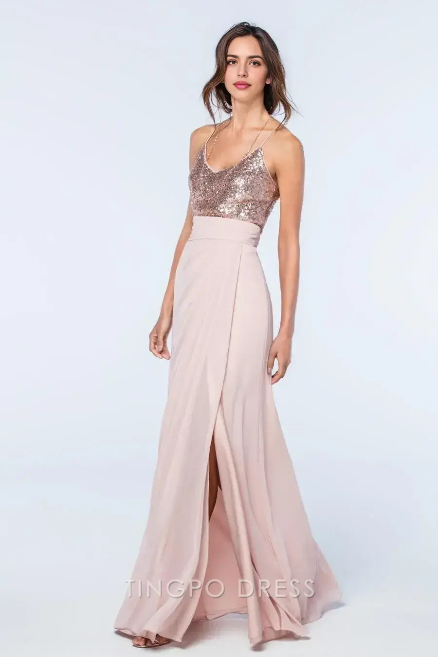 TingPo Wholesale Elegant Blush Pink Sequin Dress - Spaghetti Strap Two - Tone Maxi Evening Gown